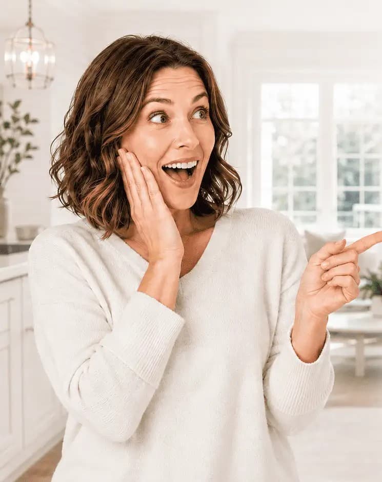 Delighted homeowner reacting to her freshly cleaned home